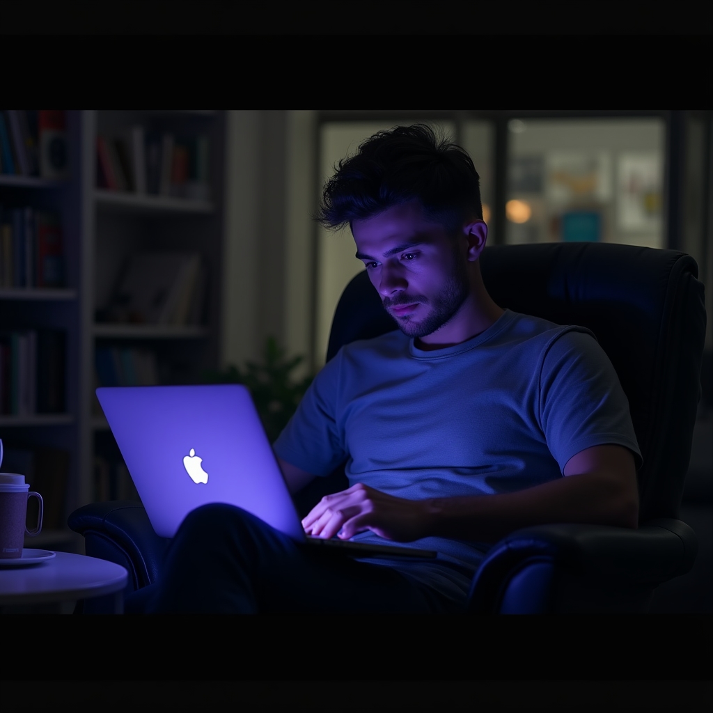 Person reading a financial concept lesson on a laptop in a modern, softly lit workspace environment