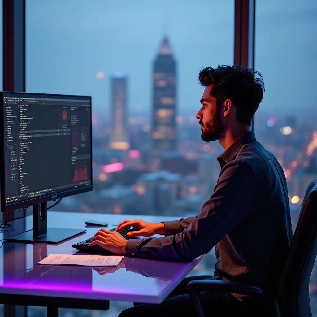 Young professional studying financial course modules at a sleek desk with city views, focused and engaged expression