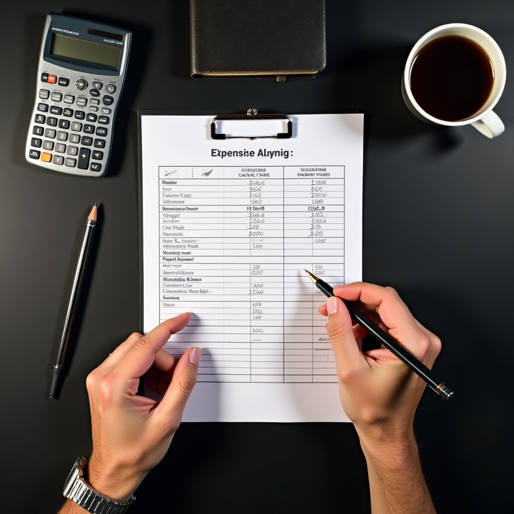 Hands completing a financial worksheet exercise with calculations visible, warm desk lamp illuminating the paper