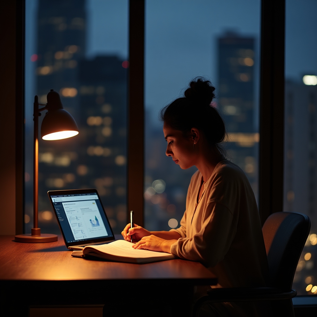 Person working through financial planning exercises at a modern desk with warm lighting