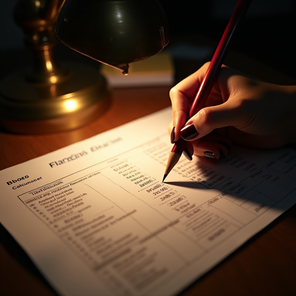 Close-up of a financial planning worksheet being filled in with a pen, warm lighting on paper