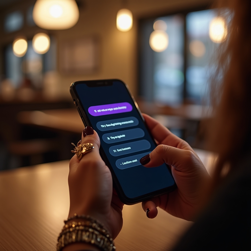 Mobile phone screen showing a money management quiz question with multiple choice options, dark interface with vibrant accents