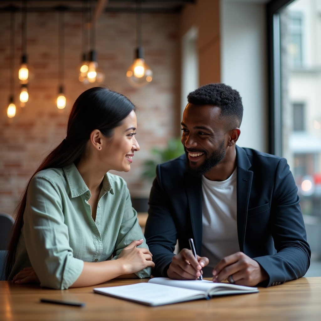 Two young professionals in a relaxed discussion about financial concepts, warm office lighting, collaborative atmosphere